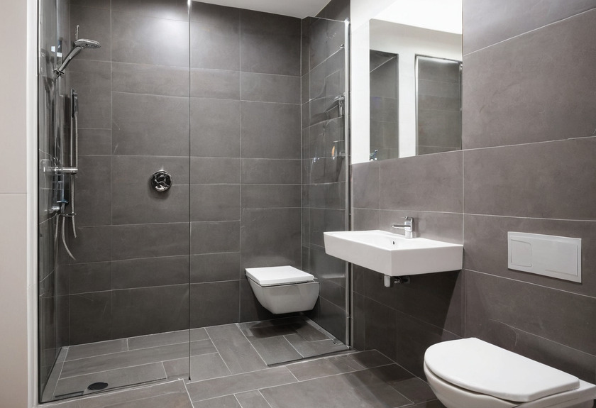 A grey tiled bathroom with a level-access shower behind a glass screen draining to a linear channel, an exposed shower mixer with a hand shower on a rail, a wall-hung basin with open space beneath and a wall-hung WC.