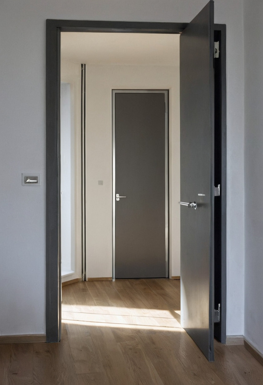 A dark grey door standing open in its frame, looking through to a lit hallway with oak flooring and a second grey door, the floor running through without a step.