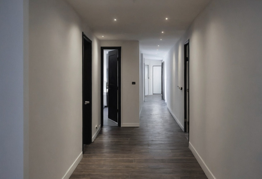 A wide corridor in a flat with white walls, recessed ceiling downlights, dark timber-look flooring and dark grey doors on both sides, one of them open.
