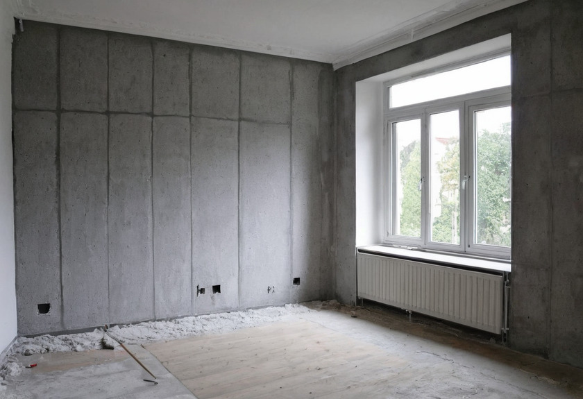 A room stripped to its bare concrete panel walls with sockets set into them, a white window with a radiator beneath, and a bare floor with insulation debris along the wall junction.