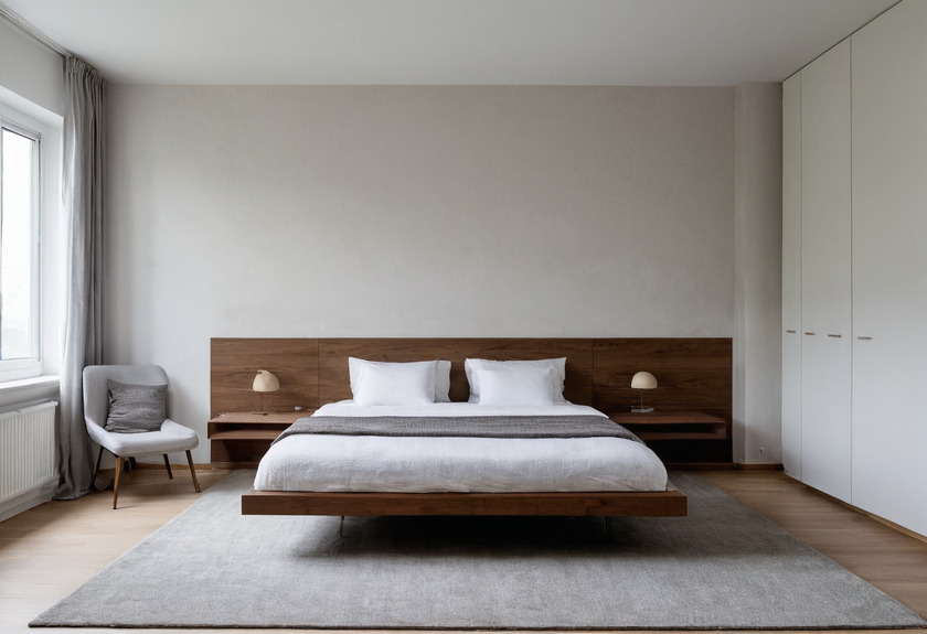 A bedroom with a walnut platform bed against the plain end wall, its headboard extending to shelves with brass lamps, a grey rug, white fitted wardrobes to the right and a window with a radiator at the left.