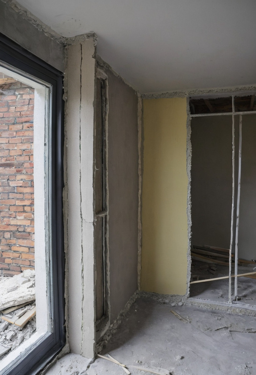 A room stripped to its structure with a new black window frame set into an opening, exposed brickwork and render around it, a metal stud partition beyond and rubble on the sill and floor.