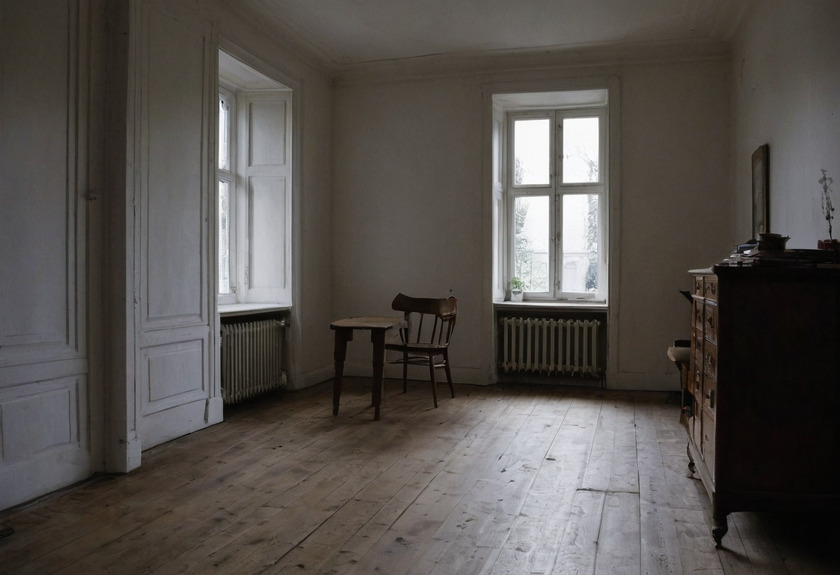 A deep Altbau room with tall windows in the far wall, panelled double doors at the left, column radiators beneath the windows, a small round table and chair and a dark chest of drawers, the far half in shadow.