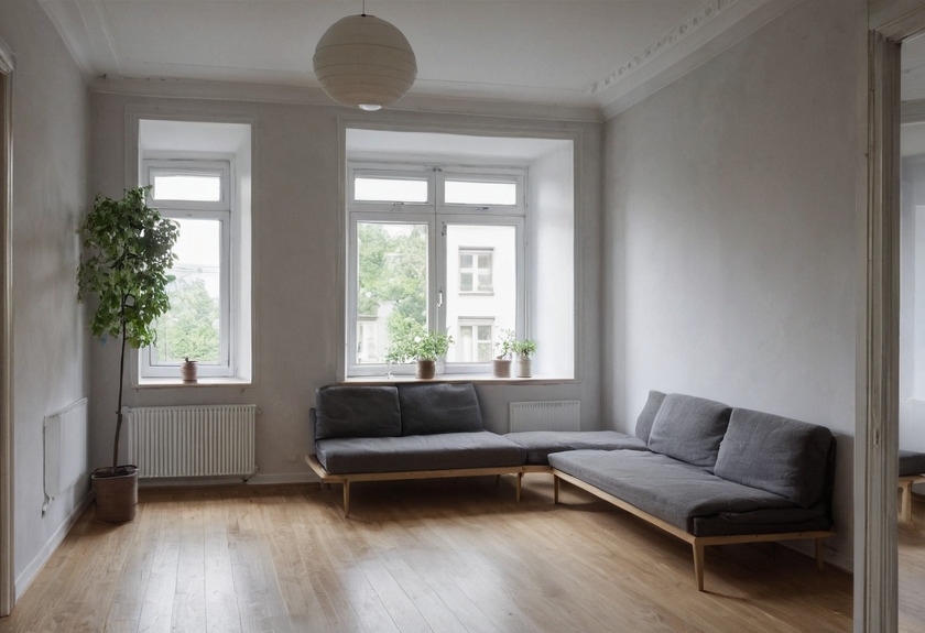 A room in an Altbau flat with white walls, a paper globe pendant, two tall white-framed windows with plants on the sills, a radiator below one of them and a grey modular sofa along two walls.