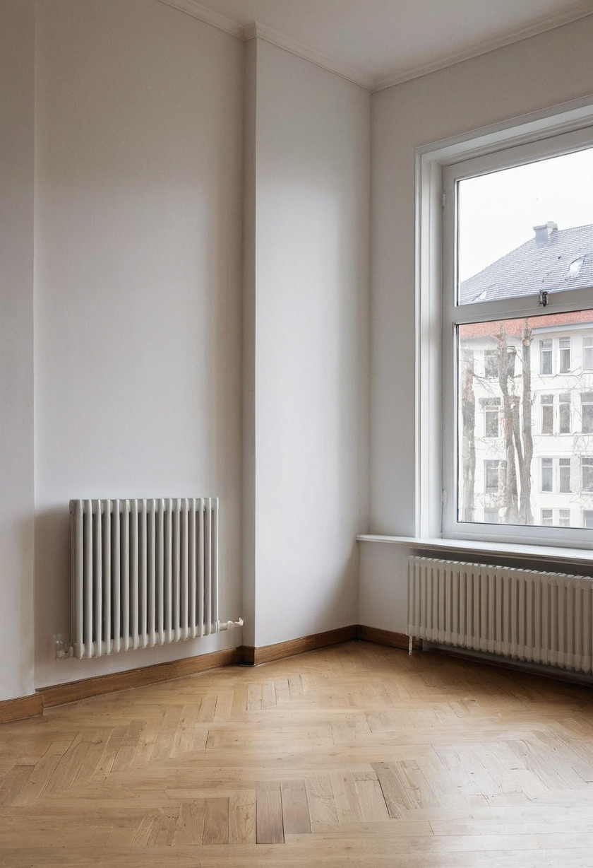 An empty corner of a room with a tall white-framed window, a column radiator on the side wall and another beneath the window, and a herringbone parquet floor.