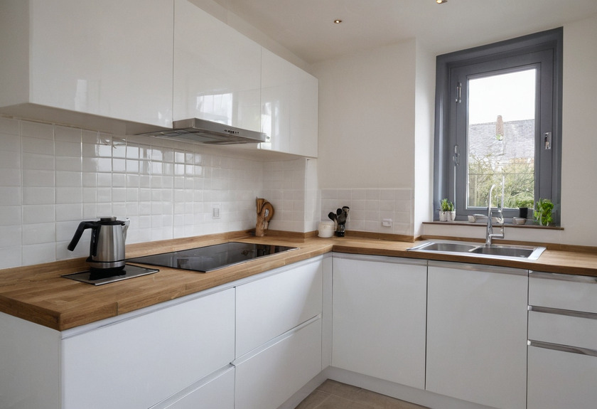 An L-shaped fitted kitchen with white handleless gloss fronts and a solid oak worktop, an induction hob and kettle, an extractor under the wall unit and a stainless sink beneath the corner window.