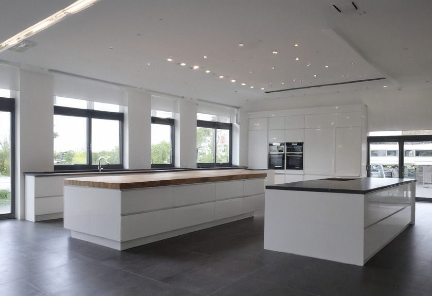 A kitchen studio showroom with a long run of white gloss units under a window wall and two island blocks in the centre, one with an oak worktop and one with a dark stone top, under recessed ceiling spots.