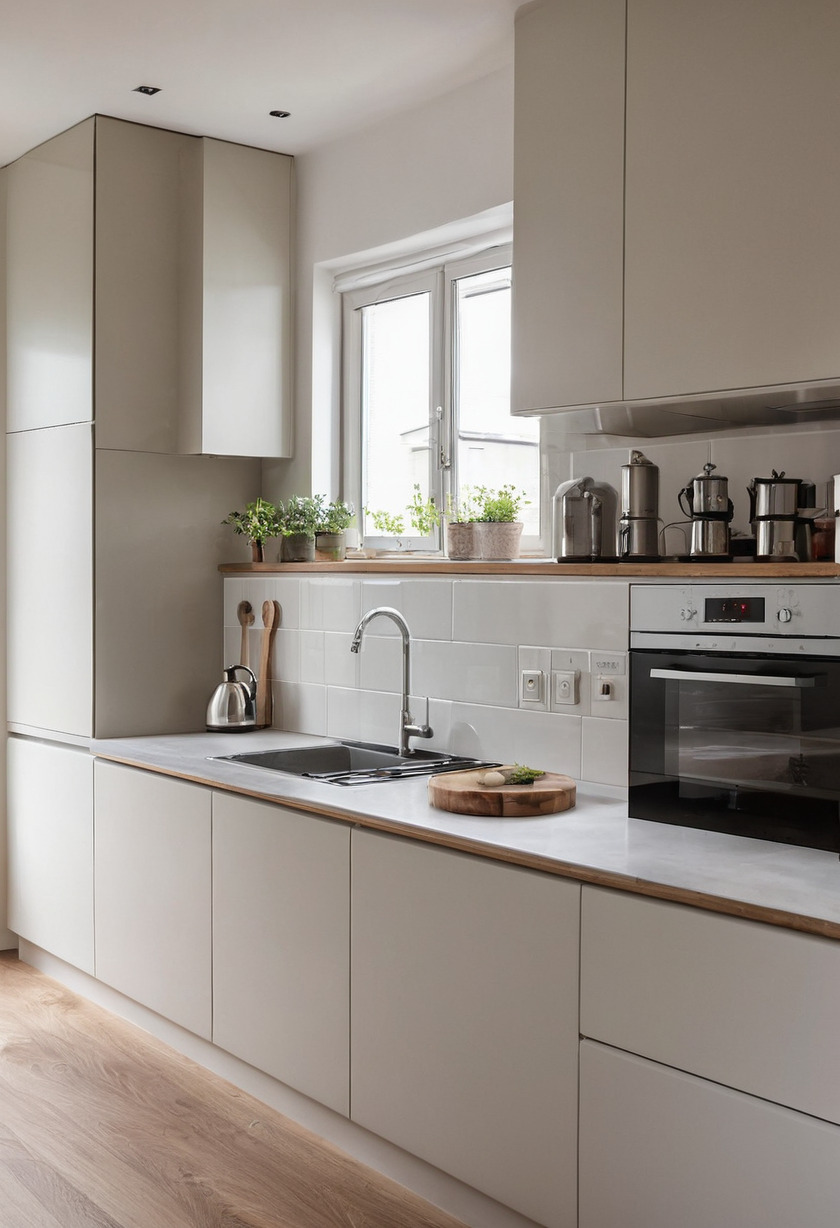 A cream handleless fitted kitchen with an oak worktop, an undermount sink with a black mixer, a built-in oven in a tall housing and a window over the worktop with herbs on the sill.