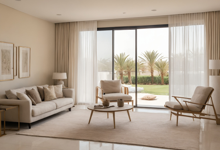 Living room with a pale sofa, two armchairs and sheer curtains, sliding doors opening onto a garden with palms
