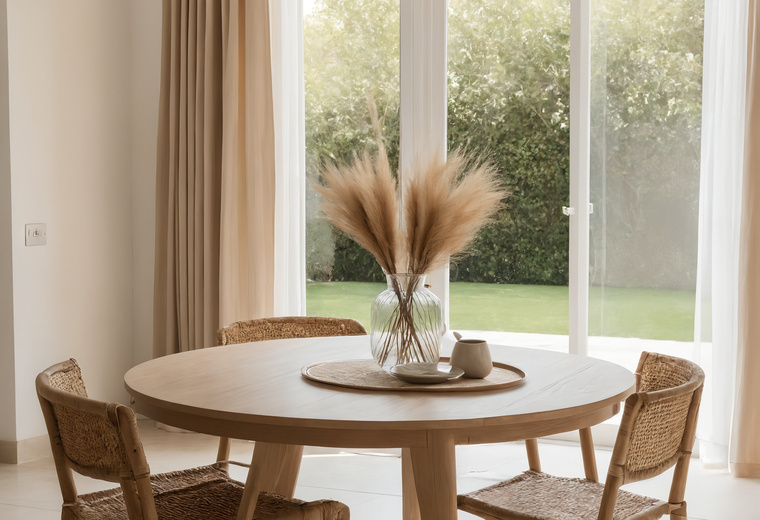 Dining corner of a villa with a round oak table, rattan chairs, dried grasses in a glass vase and a large window onto the garden