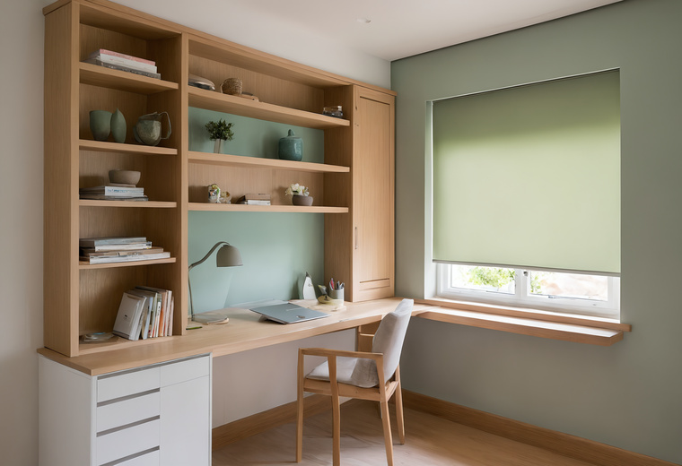 Study with oak shelving to the ceiling, a built-in desk and a sage green roller blind over the window