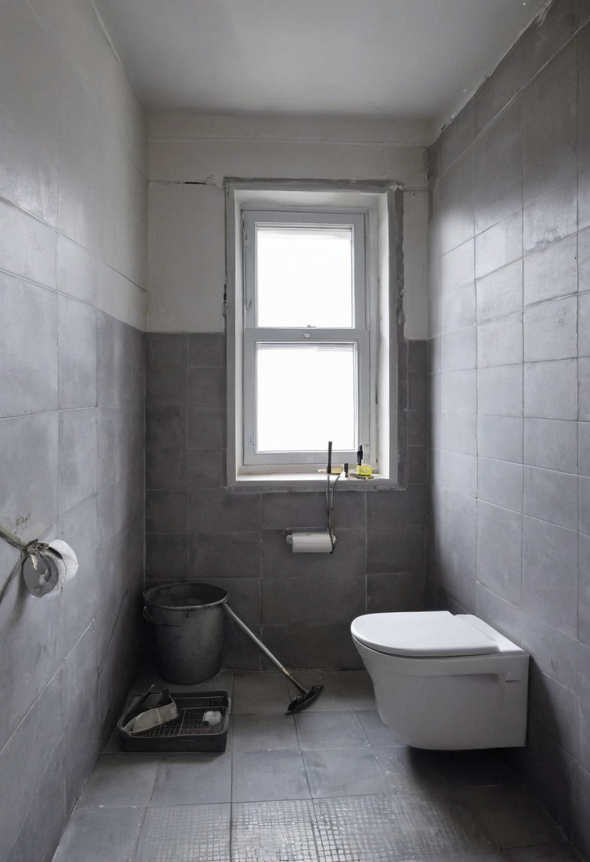 A narrow grey-tiled bathroom with a window at the end, a wall-hung WC, and a mop and bucket standing on the tiled floor.