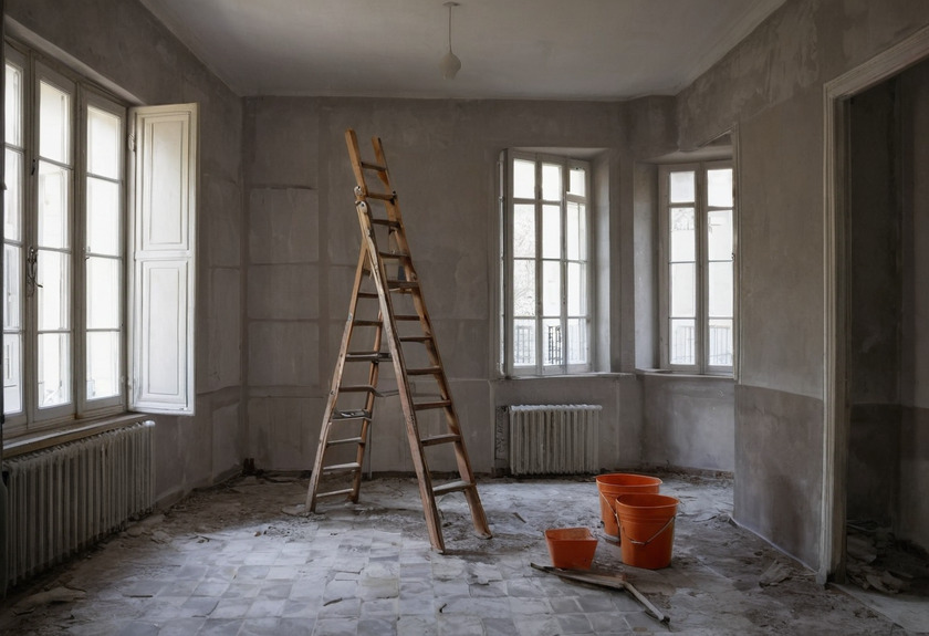 A large Altbau room mid-renovation with tall casement windows and column radiators, a wooden step ladder standing open in the middle and two orange buckets among rubble on the old floor.