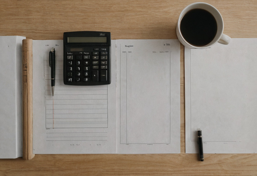 An overhead view of a pale wood desk with an open ruled ledger, a desk calculator and a pen on it, two blank printed forms alongside and a mug of black coffee.