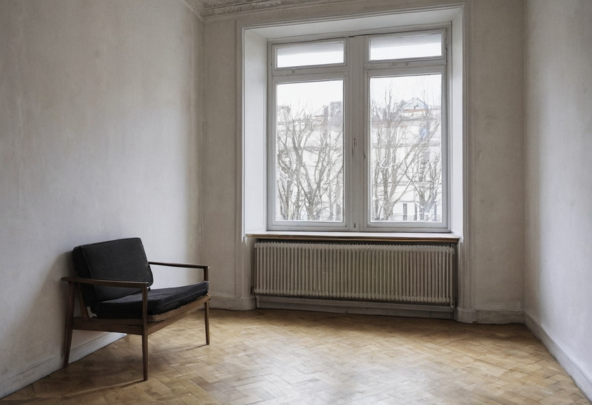 An empty Altbau room with pale walls, a tall double casement window, a long column radiator beneath it, herringbone parquet and a wooden armchair in the corner.