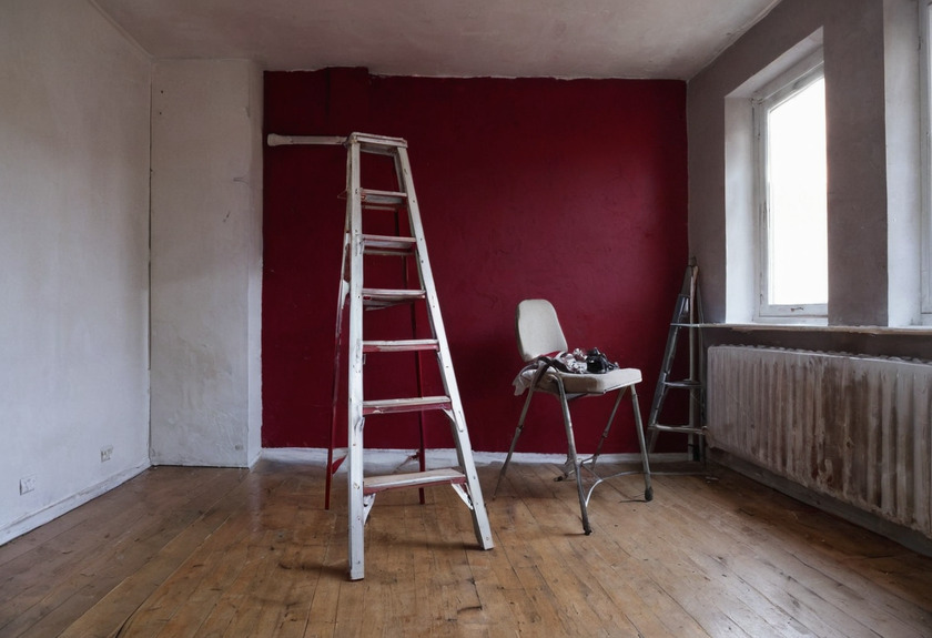 An empty room with one wall painted deep crimson and the others in bare plaster, a paint-spattered step ladder standing open, a folding chair holding paint tools and an old radiator under the window.