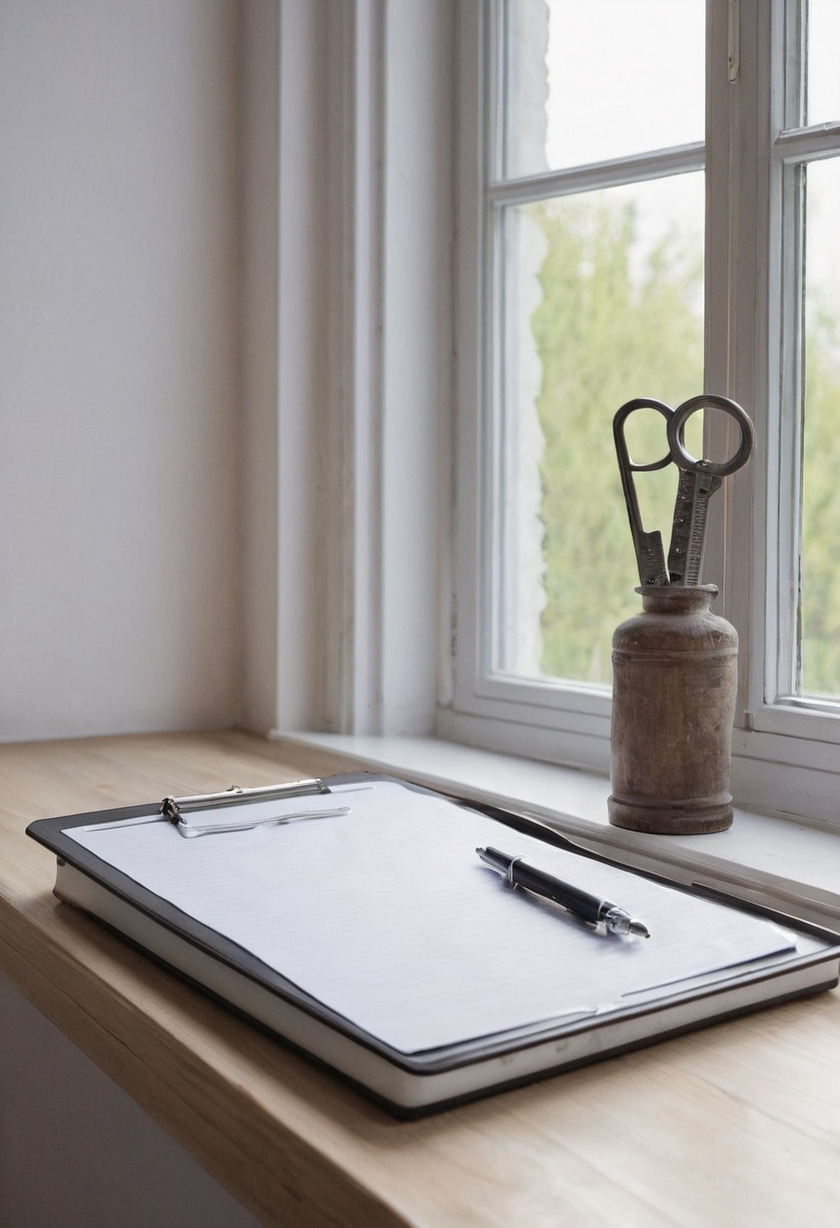 A clipboard holding a blank sheet with a pen across it, on a pale wooden windowsill beside a pair of old scissors standing in a worn wooden pot.