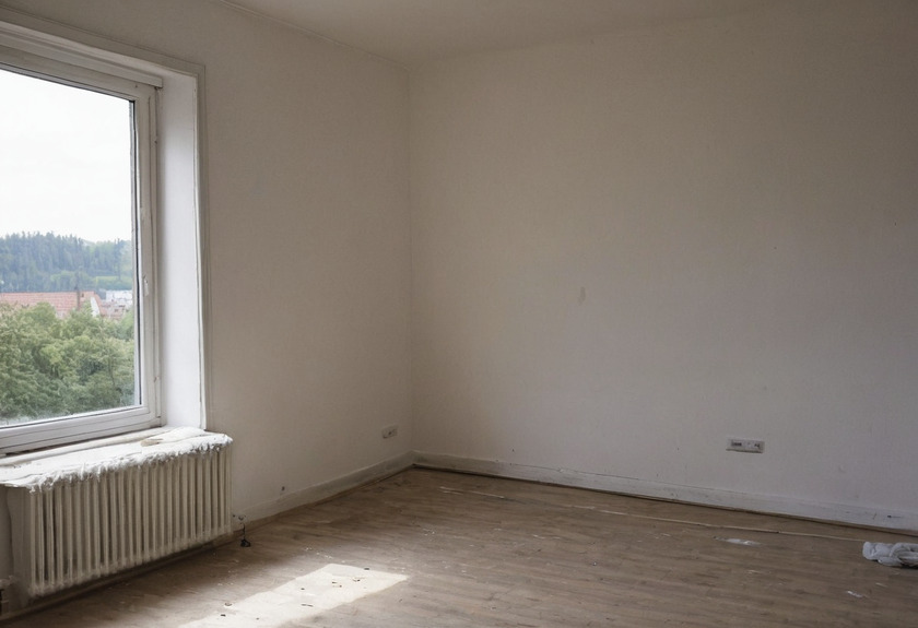 An empty rented flat with off-white walls showing faint marks, a window with a cast iron radiator beneath it and bare floorboards flecked with paint.